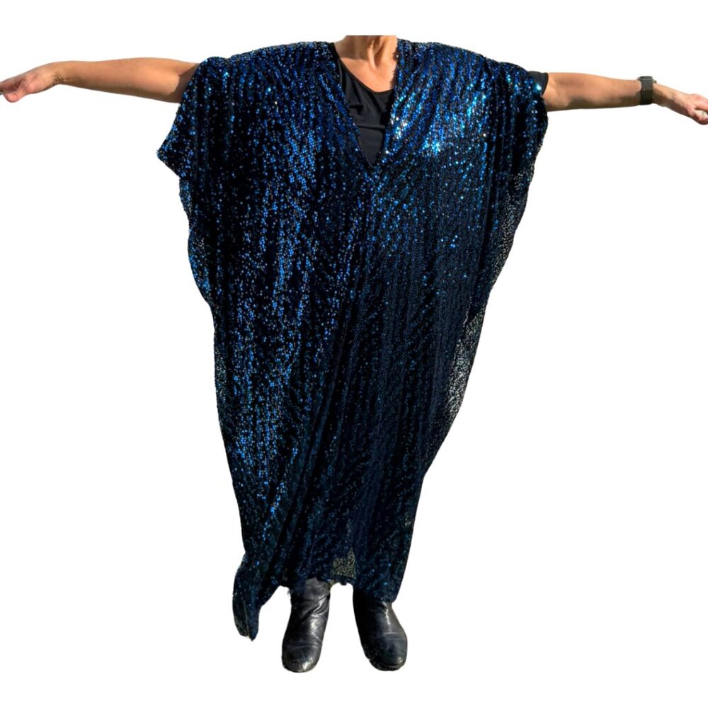 BRAND NEW| OOAK Jennafer Grace Blue Black Sequin Chevron Caftan Maxi Fully Lined
